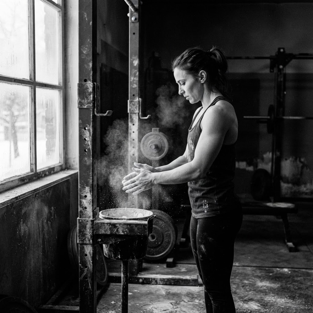 Athlete chalking hands before lifting in a quiet gym with cold winter light through the window