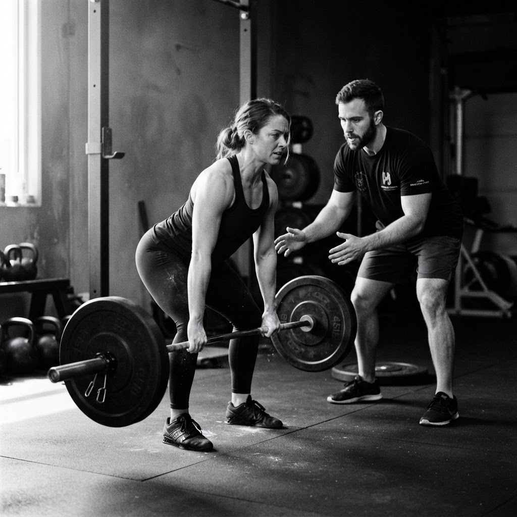 Personal trainer coaching a client through a barbell deadlift in a private Chicago gym